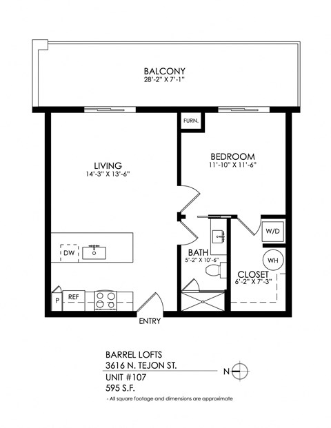 Floor plan for 1 bed, 1 bath, 765 sqft